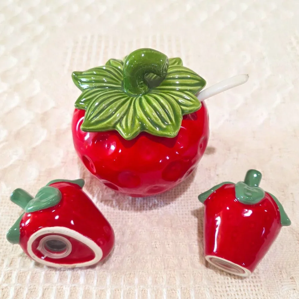 Vintage Brinn's Ceramic Strawberry Jam Jar and Salt & Pepper Shakers PA